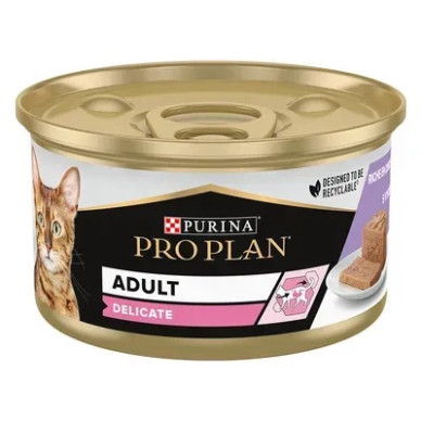 PURINA Pro Plan Adult Delicate – hrană umedă completă pentru pisici adulte cu digestie sensibilă, cu curcan, conservă 85 g